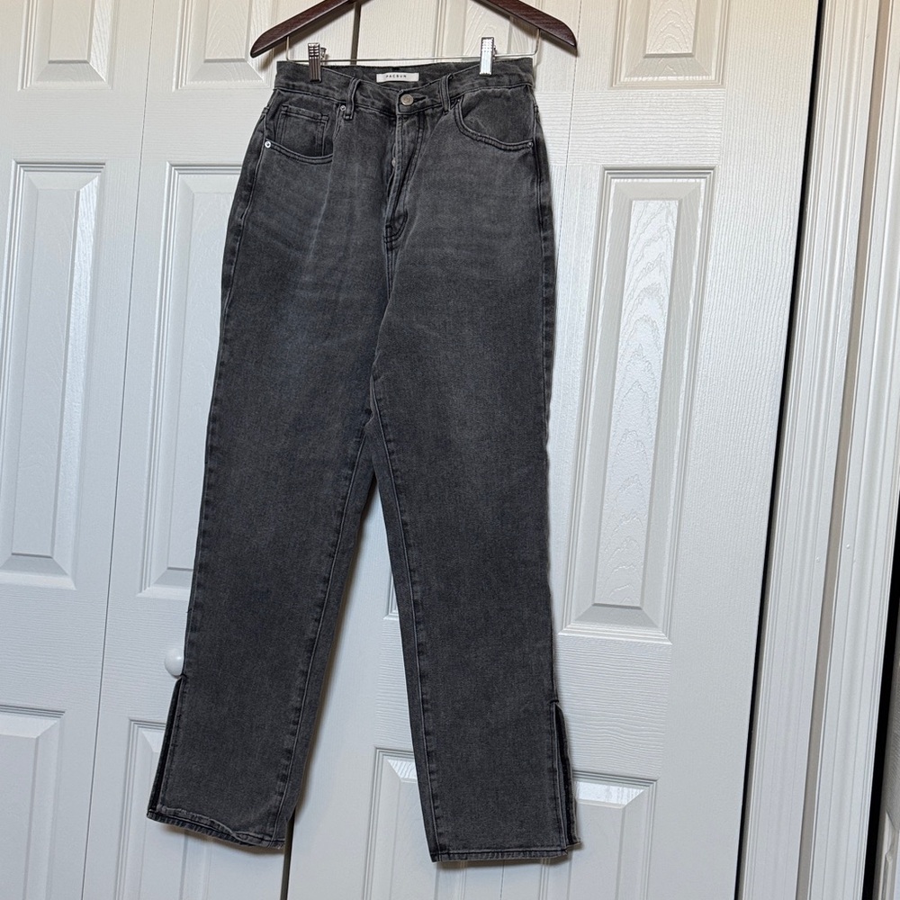 Black High-Waisted Distressed Black Split Hem Dad Jeans by PACSUN